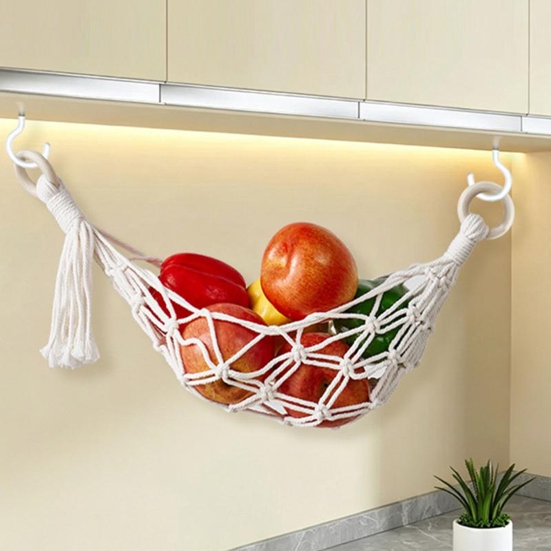 Wall Hanging Produce Holder, Cotton Rope Fruit Storage Net with Open Net Design for Kitchen Wall Use, Cupboard Placement and Home Storage