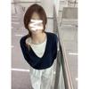 Navy Blue Fake Two Women's New Loose High-end Lazy Korean Sweater Beautiful Small Top