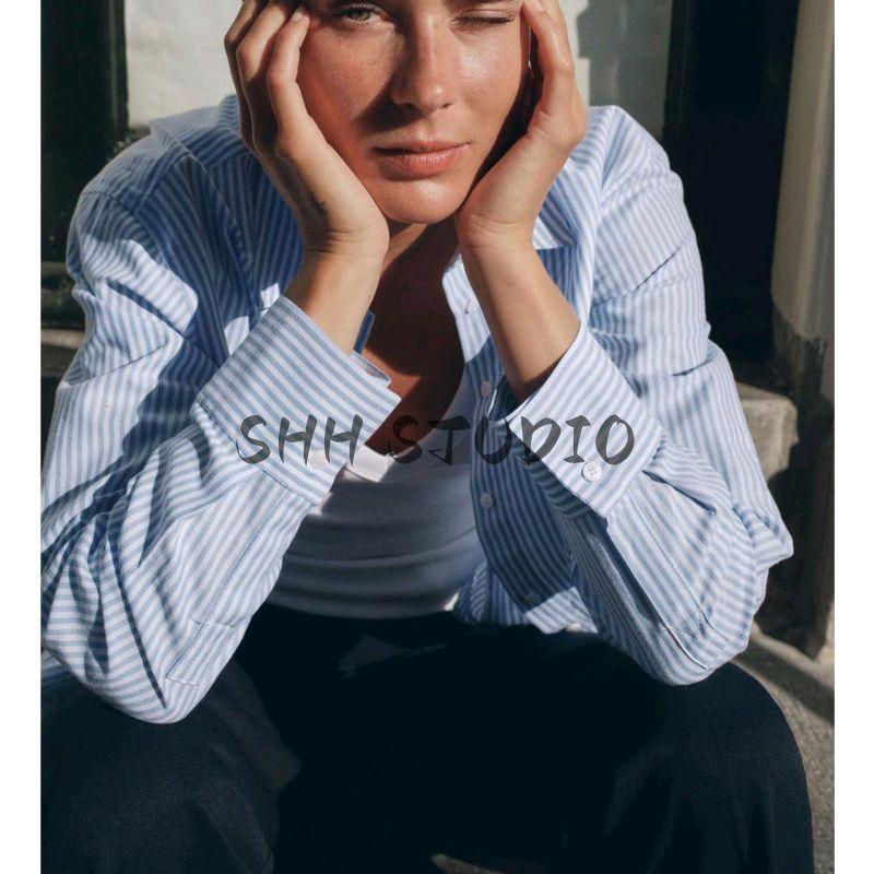 Autumn New Women's Clothing French Lapel Long Sleeves Waist Ruched Striped Short Style Oxford Shirt 8417446