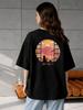 Thick Black Oversized T-Shirt with Cat and Volcano Print