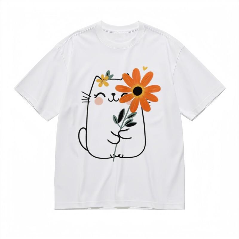 Women's Breathable Classic T-Shirt Playful Kitten Floral Bouquet Cotton Tee