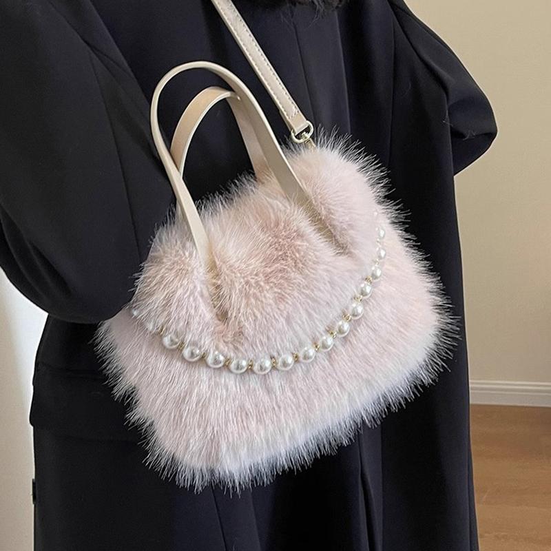 Fashion Women Faux Fur Tote Bag Zipper Solid Color Ladies Crossbody Shoulder Bag Trendy Winter Autumn Soft Fluffy Plush Handbags