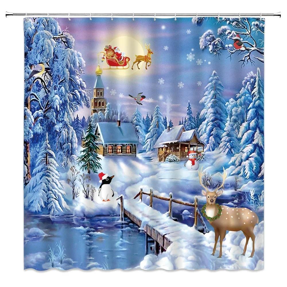 Waterproof Bathroom Shower Curtain Elk Christmas Santa Claus Fairy Snow Night Printed Bath Washable Quick Dry Wrinkle Decoratio