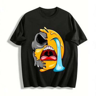 Half Skull Crying Emoji Print Tee Trendy Creative Cotton Short Sleeve Pure Cotton T-shirt