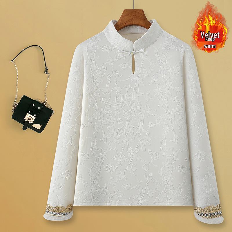 

Women s Autumn/Winter Jacquard Embroidery Top with Velvet Warmth, Frog Button, and Stand Collar 2XL (recommended for 55-63 kg)