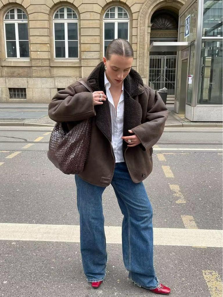 2023 Plus Size Shearling Lapel Jacket for Women - European & American Style Autumn/Winter Fashion