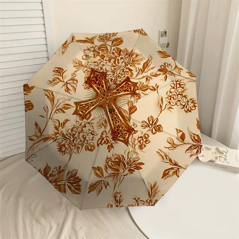 

1PC cross floral Umbrella-8-Rib Reinforced Portable Folding Travel Suitable for All Seasons Outdoor Daily Use Is an Ideal Choice -F374