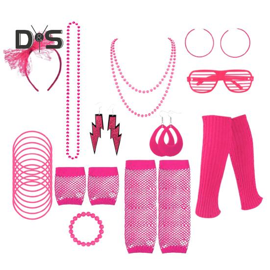 80s Neon Costume Accessories Set Knitted Leg Warmers Headband Gloves Earrings Bracelet Beaded Necklace Set Fancy Party Accessories