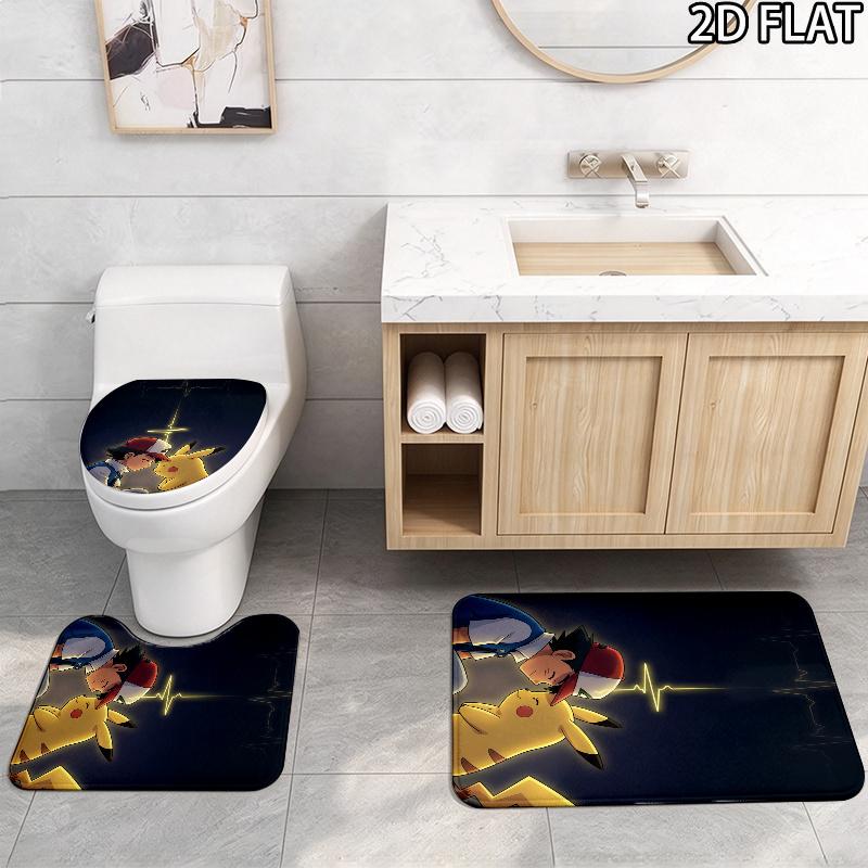 3pcs Ash Ketchum Pikachu Art Pattern Flannel Nonslip Absorbent Washable Decorative Bathroom Home Toilet Seat Cover Mat