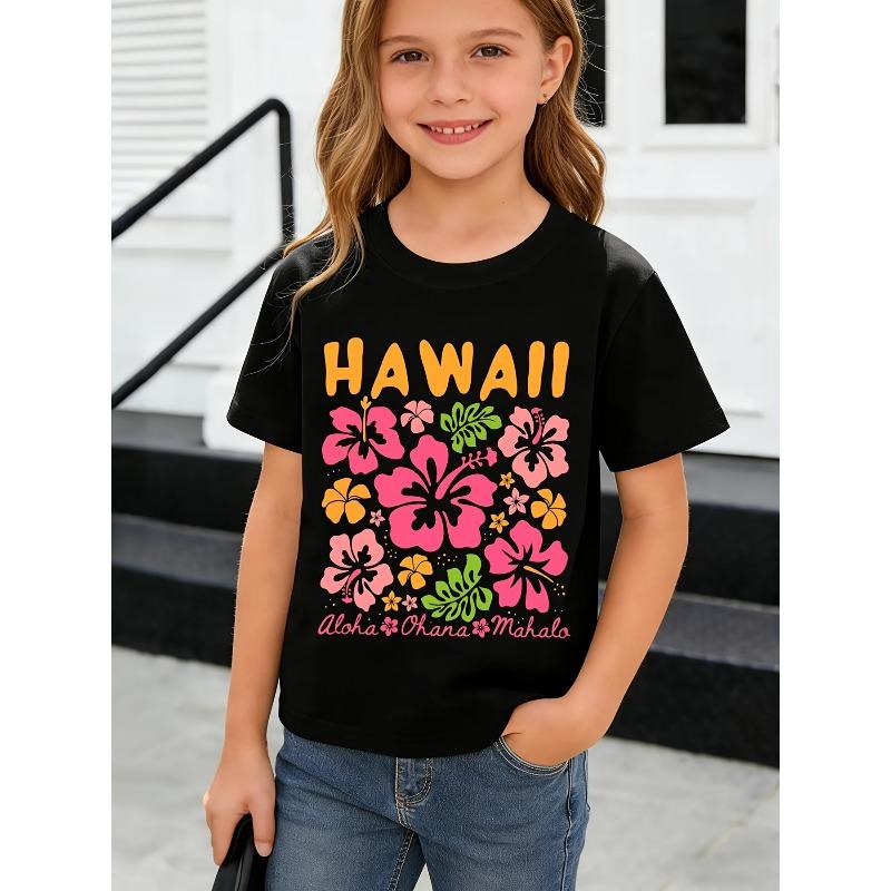 Girls Crew Neck Short Sleeve T-Shirt with Colorful Floral Print