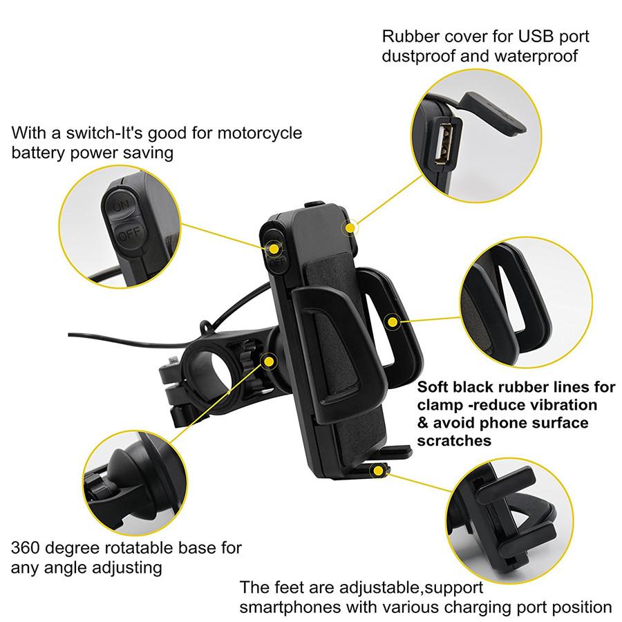 New 12-85V Motorcycle Phone Charger & Holder For 20-33mm Handlebar For 2"-4.7" Phone