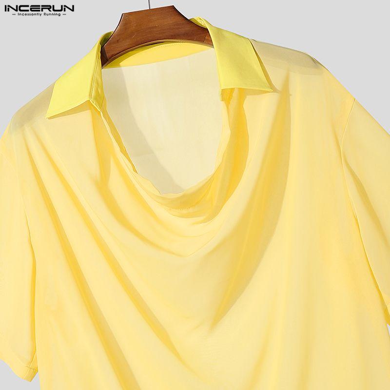 INCERUN Summer Men Swing Collar Short Sleeve Mesh See Through Hollow T-shirts Tops