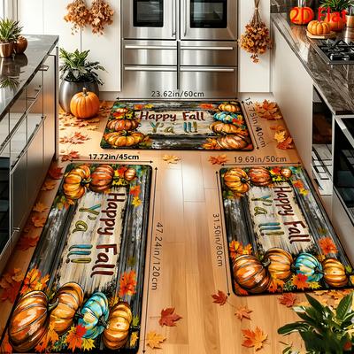 1Pcs Anti Fatigue Kitchen Rugs Pumpkin Maple Leaf Wood Grain Print Waterproof Non Slip Thick Cushioned Kitchen Mat Heavy Duty