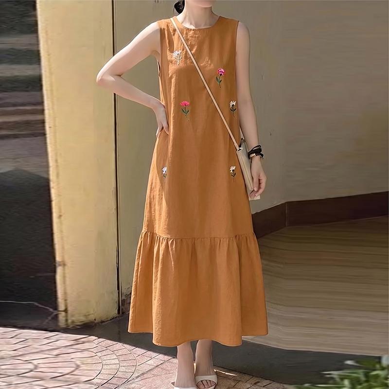 ZANZEA Women Casual Round Neck Loose Floral Embroidery Sleeveless Dress