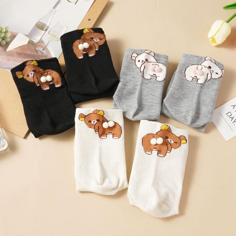 Black White Gray Bear Ankle Socks Cartoon Cute Breathable Sweat-Absorbent Low-Cut Socks for Women