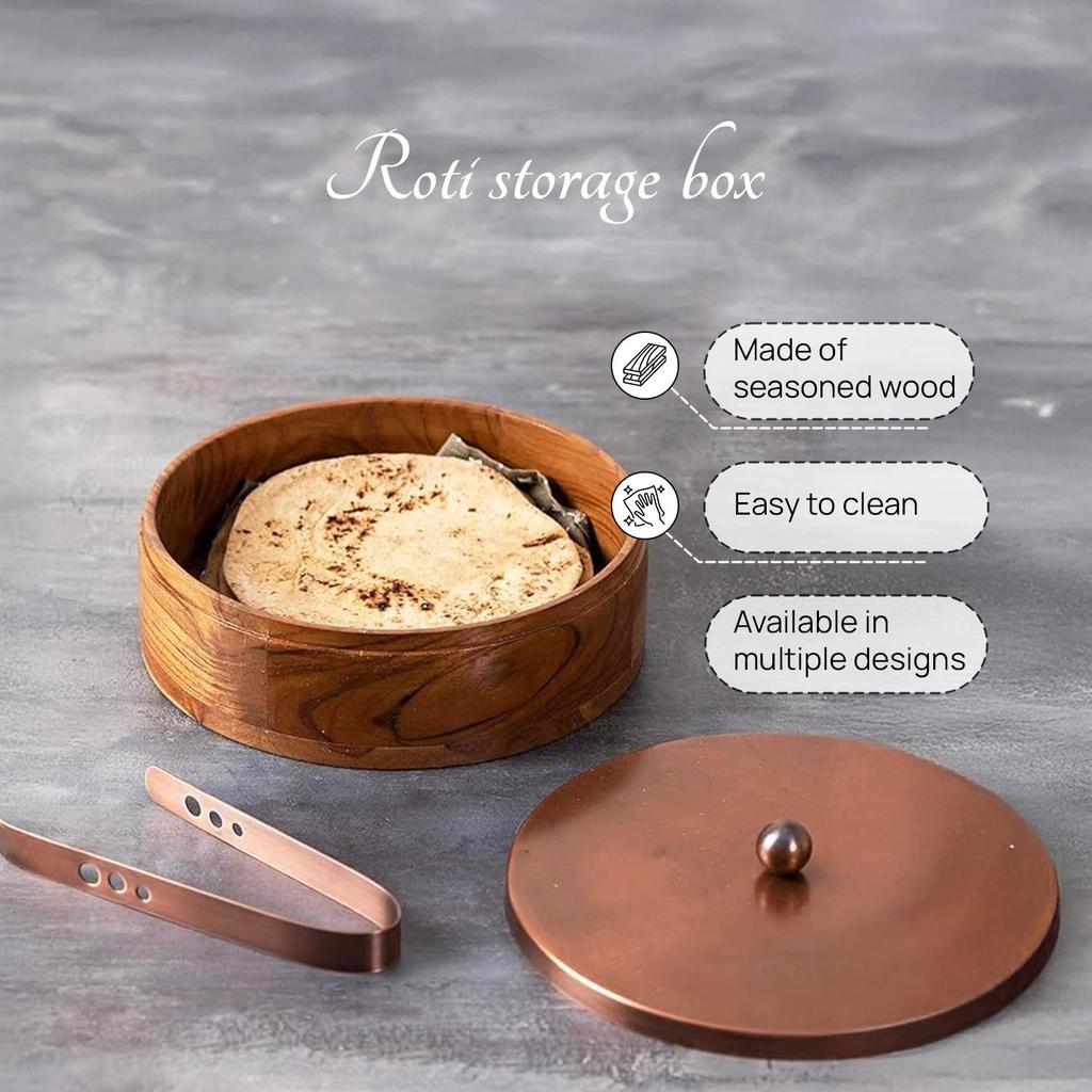 Роти-бокс с щипцами, Wooden Casserole for Roti (Copper),  Nestroots
