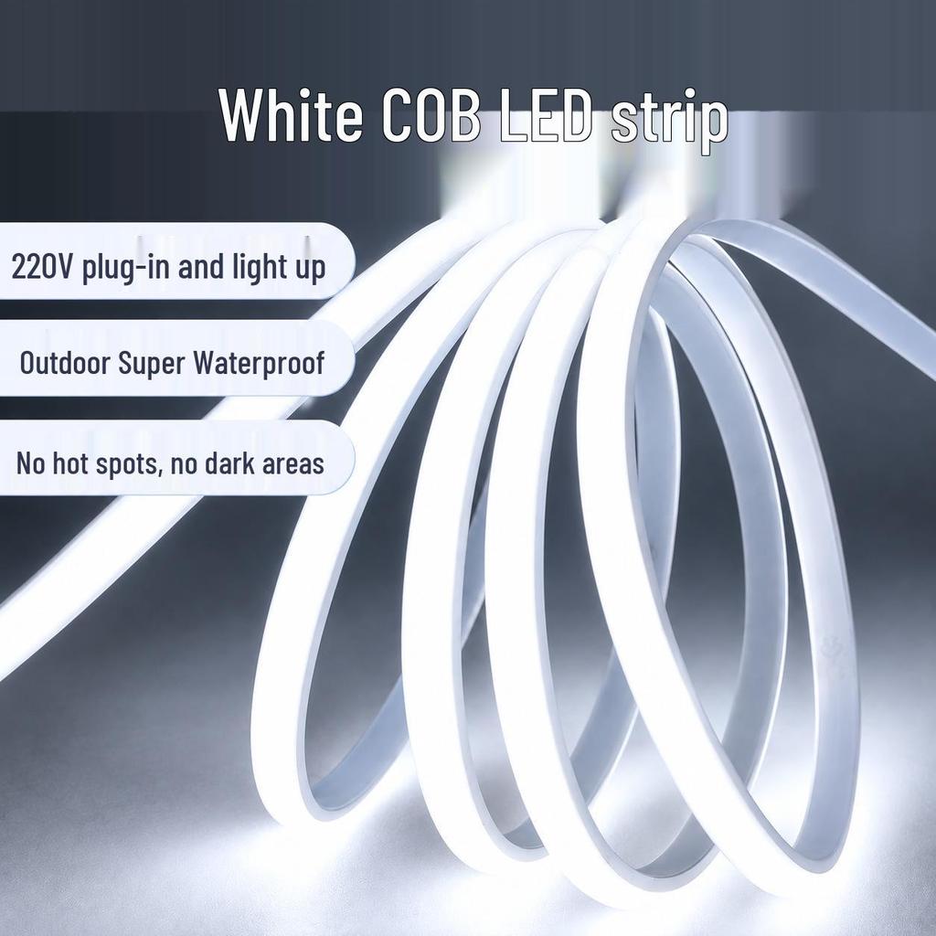 220V Plug-in COB LED Strip Light, Waterproof, Self-Adhesive, Flexible Silicone for Outdoor Use