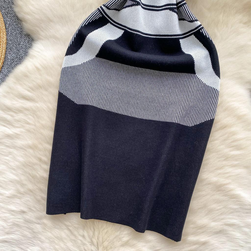 Summer Women French Senior Knitting Sweater Tank Dress Female O Neck Sleeveless High Elastic Slim Fit Sundress Patchwork Chic OL Mini Dress