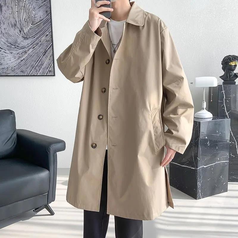 Men s Spring/Fall Mid-Length Trench Coat Solid Color Button-Front Oversized Coat XS хаки