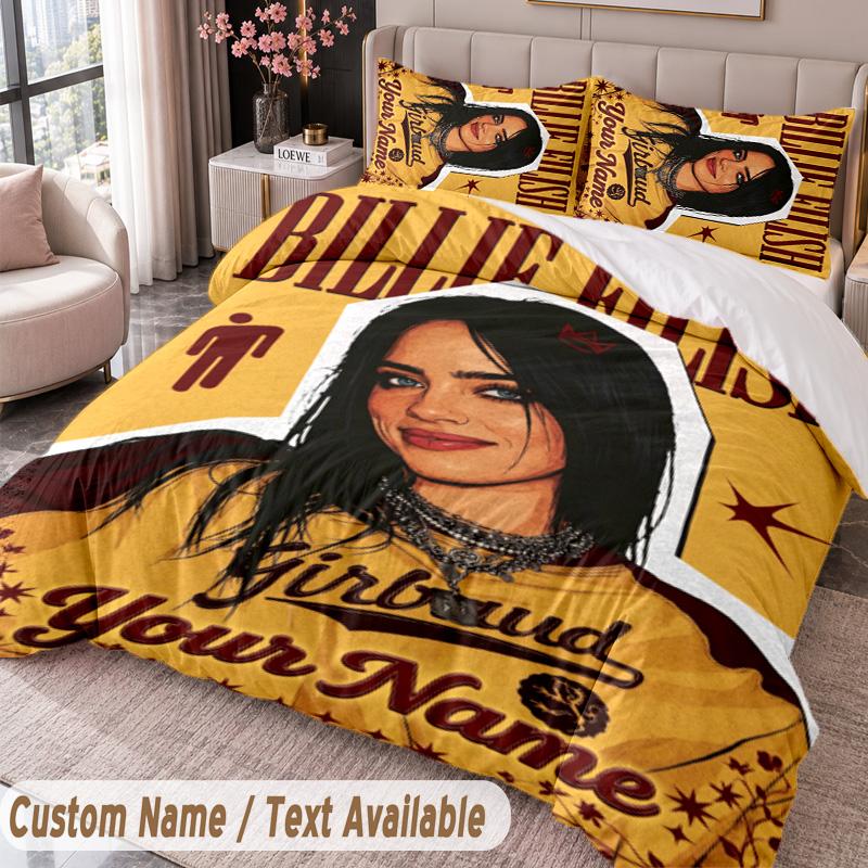 Custom Name Text 3Pcs Bedding Set Billie Eilish Duvet Cover And Two Pillowcases