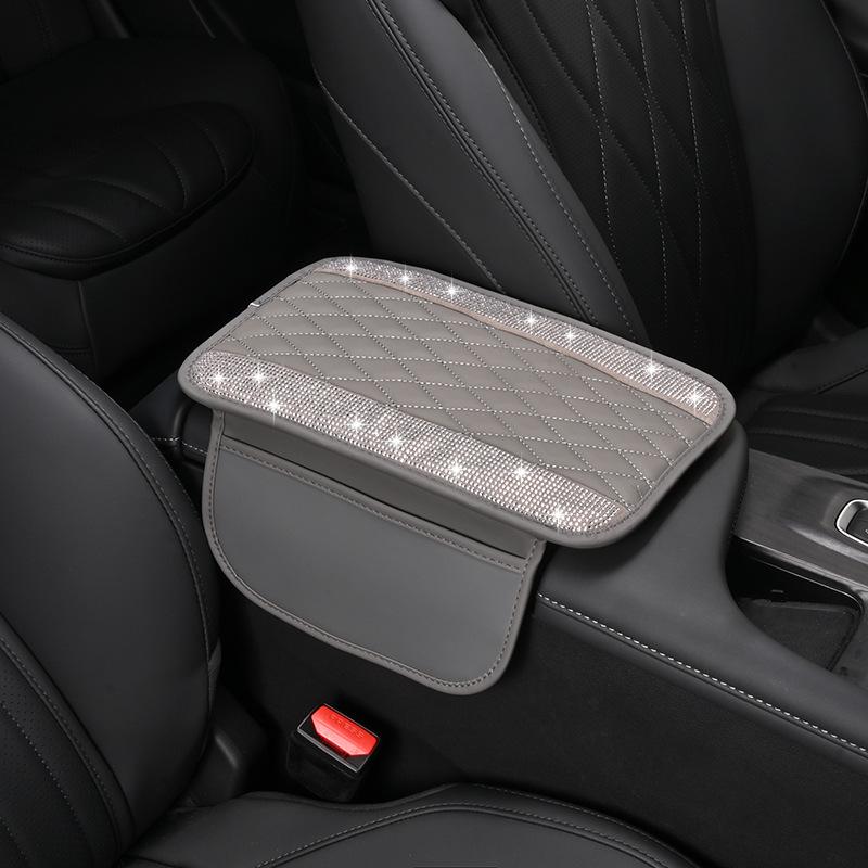 Car Amrest Cushion Pad Diamond For Women Leather Auto Center Console Cover with Storage Bags Luxurious Auto Interior Accessories