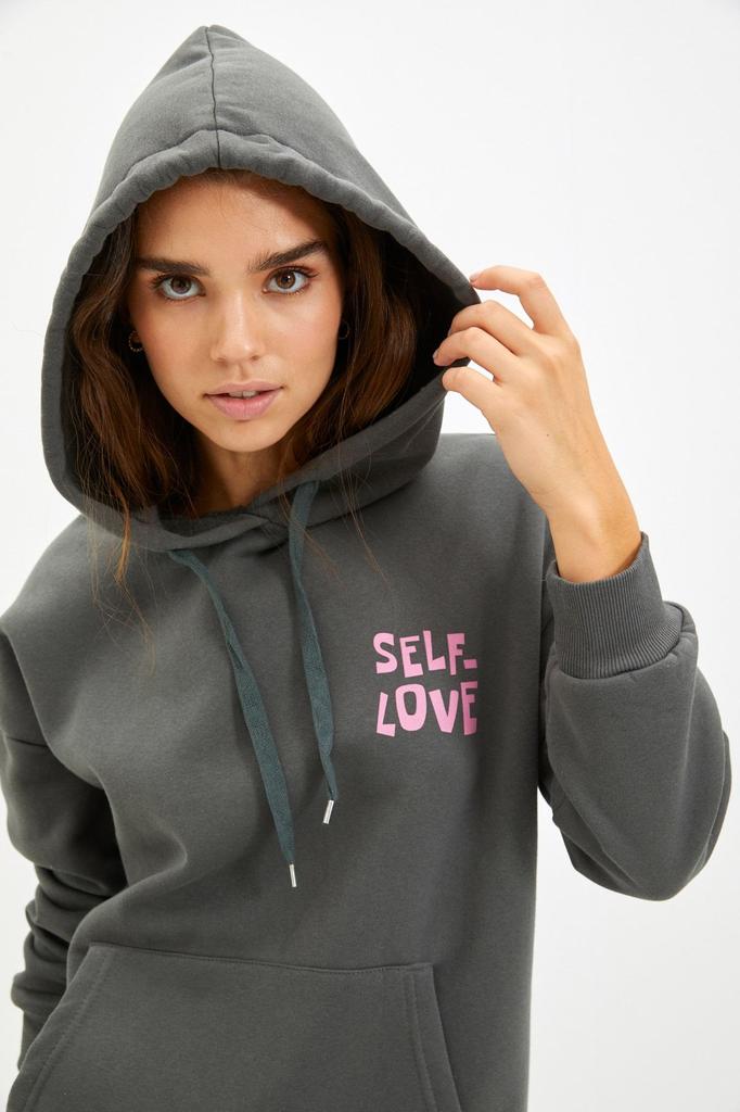 Women's Fashionable Stylish Sweatshirt Stone Back Print Detailed Oversize Wide Fit Thick Inside Fleece Knitted Sweatshirt