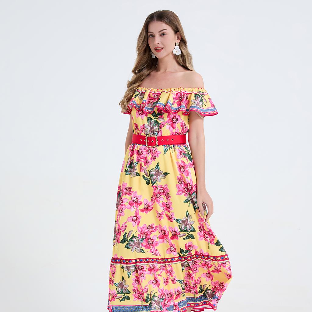2026 Summer Bohemian Gorgeous Flower Long Dress Women's Ruffes Slash Neck Floral Print Belt A-Line Holiday Famale Beach Clothes