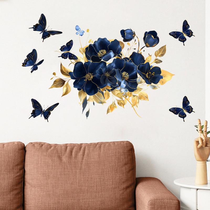 Blue Floral Butterfly Wall Sticker Self Adhesive Home Decor for Living Room Bedroom Bathroom Entrance Background Removable Decal