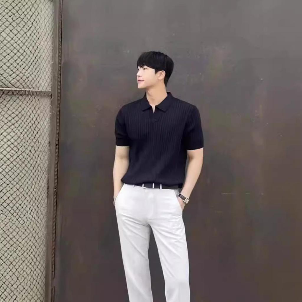 Trendiges Poloshirt mit Revers im koreanischen Stil für Herren – kurzärmliges, hübsches, reifes, einfarbiges Strickoberteil