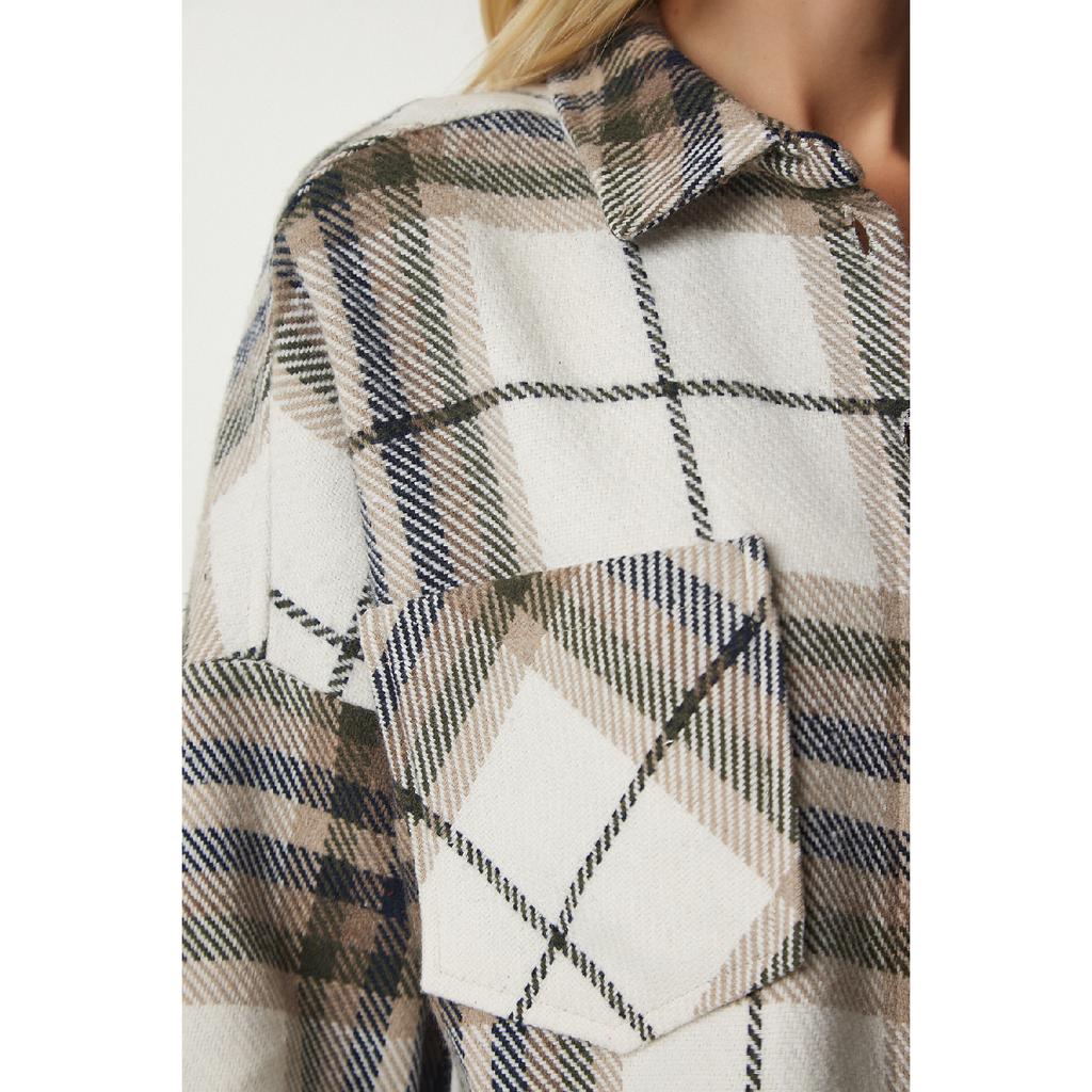 Dámská béžová krémová vzorovaná nadměrná kašmírová košile dřevorubce Tu00034