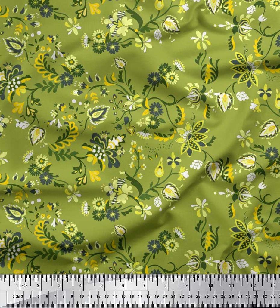 Soimoi Japan Crepe Satin Fabric Leaves & Floral Artistic Decor Fabric Printed Metre 42 Inch