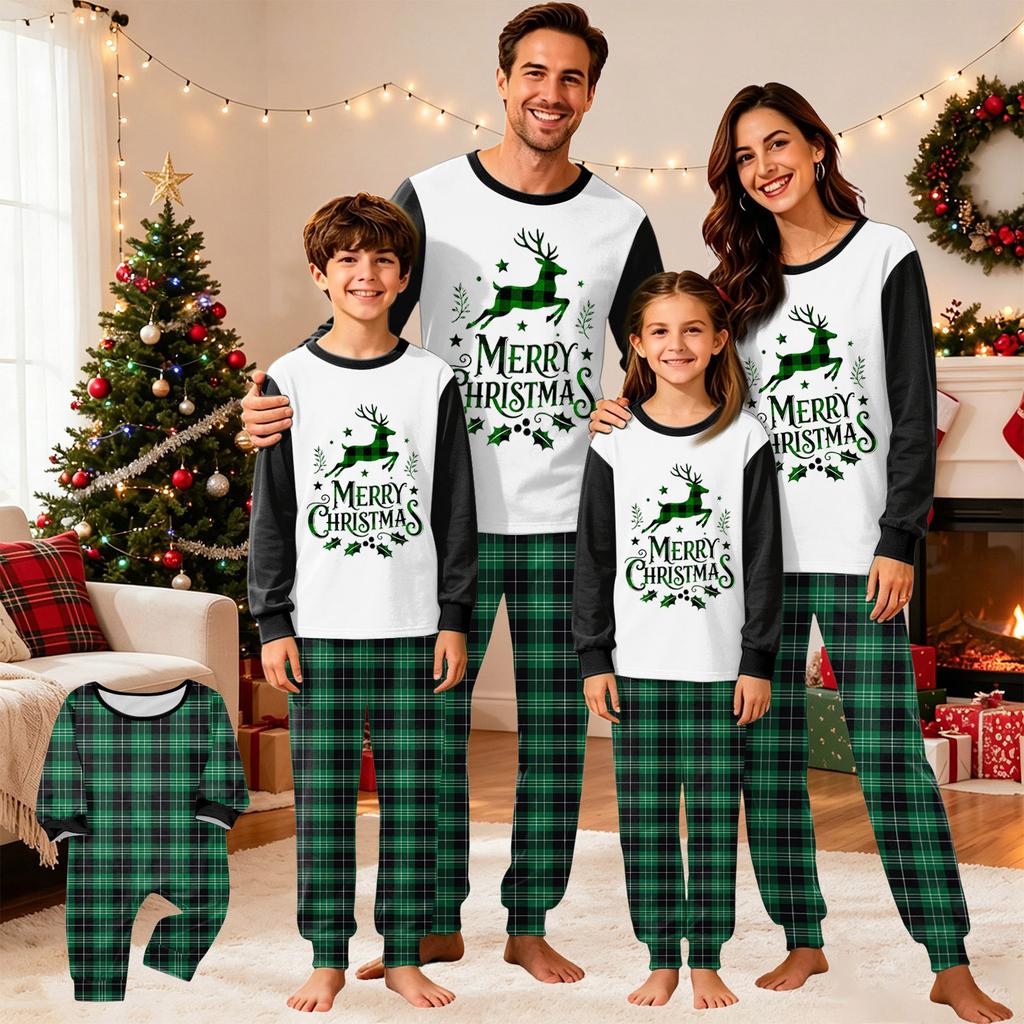 Family Matching Christmas Pajama Set, Round Neck Long Sleeve Top and Pants for Kids and Adults, Holiday Loungewear