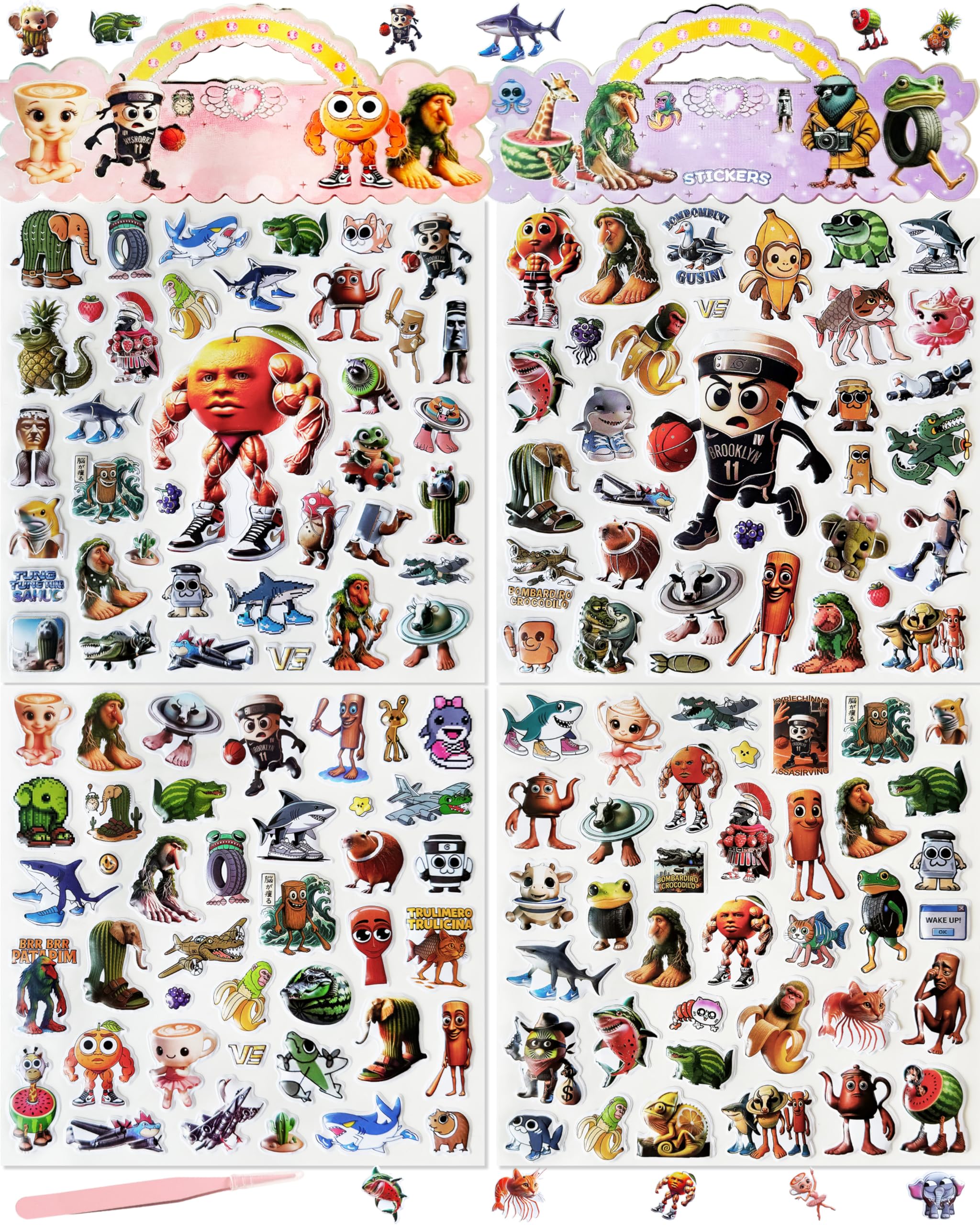

Gokei Italian Brainrot 3D Sticker Set 4 Sheets 150 Pieces Waterproof Puffy PVC Notebook Decoration Meme Character Monster DIY Reward