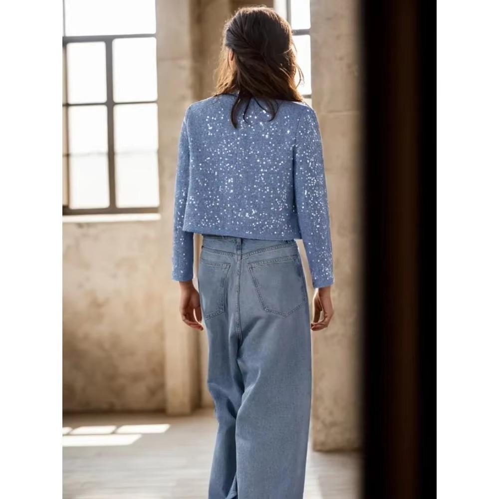 Women's Sequin Stand Collar Long Sleeves Pockets Short Jacket Coat Spring and Autumn New Female Chic Cardigan Jacket