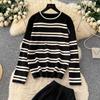 Autumn Winter Women Casual Striped Knitted Sweater Trouser Two Piece Set Full Sleeve Pullover Tops and Wide Leg Pant Tracksuit