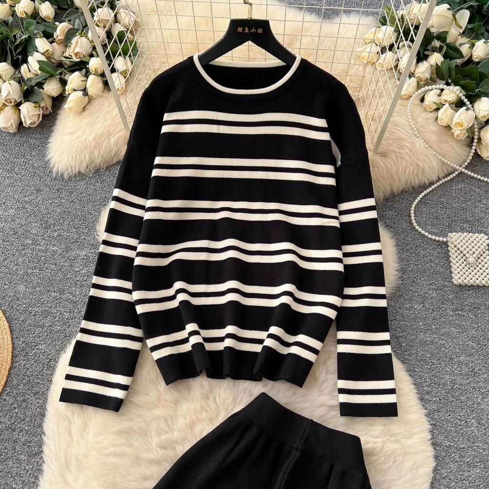 Autumn Winter Women Casual Striped Knitted Sweater Trouser Two Piece Set Full Sleeve Pullover Tops and Wide Leg Pant Tracksuit