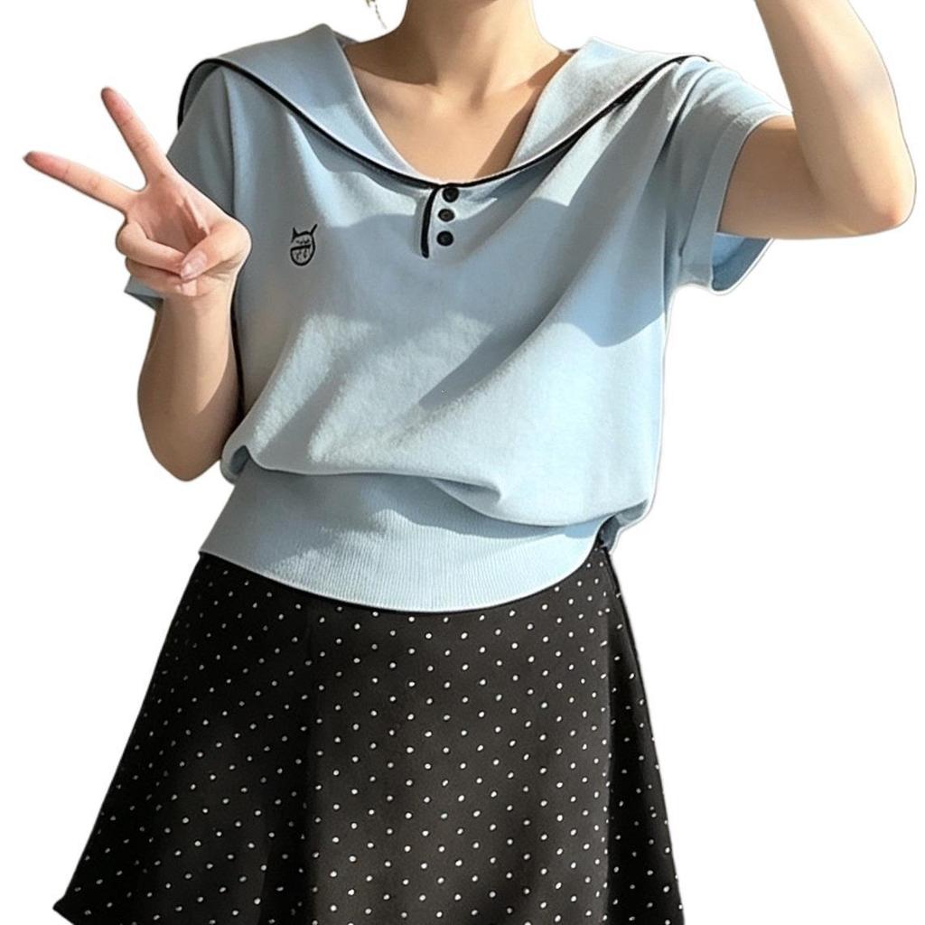 Korean Chic Sailor Collar Knit Top - Women's Slimming Loose Fit, Short Sleeve Summer Design