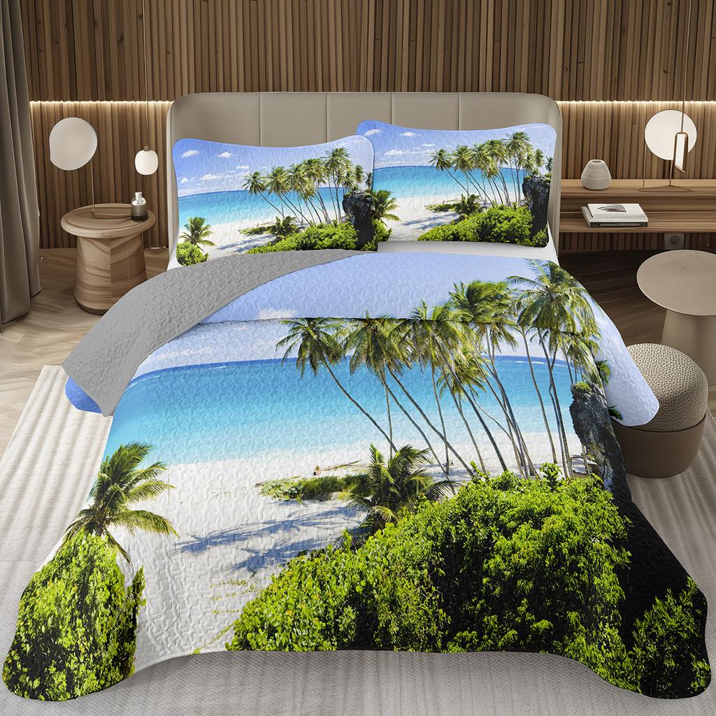 Beach Bedspread Tropical Palm Tree Coverlet SetSea Ocean Quilt Set Twin King Size Seaside Landscape Coastal Theme Bedding Sets