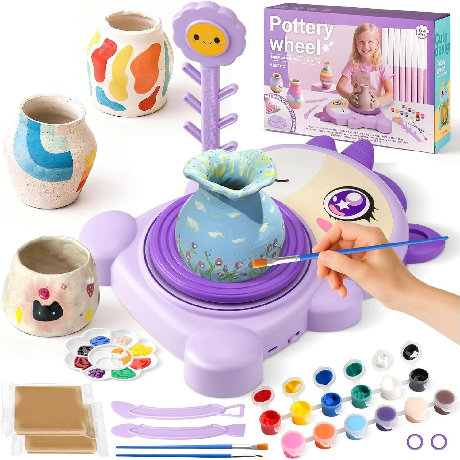 Pottery Wheel for Kids - Complete Pottery Painting Kit Arts and Crafts for Kids Ages Air Dry Clay Art Supplies Toys for Boys Girls Christmas Birthday фиолетовый