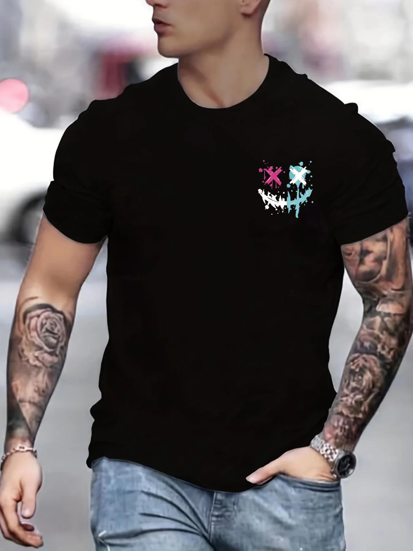 

Men s summer 100 cotton fashionable casual sports loose smiling face pattern printed round neck short sleeved T-shirt top S разноцветный
