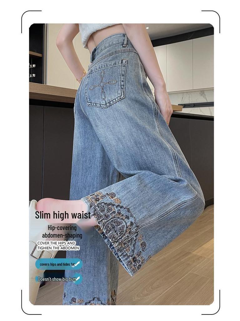 Eight-Minute Women's Floral Wide-Leg Jeans with Heavy Embroidery for Spring and Autumn