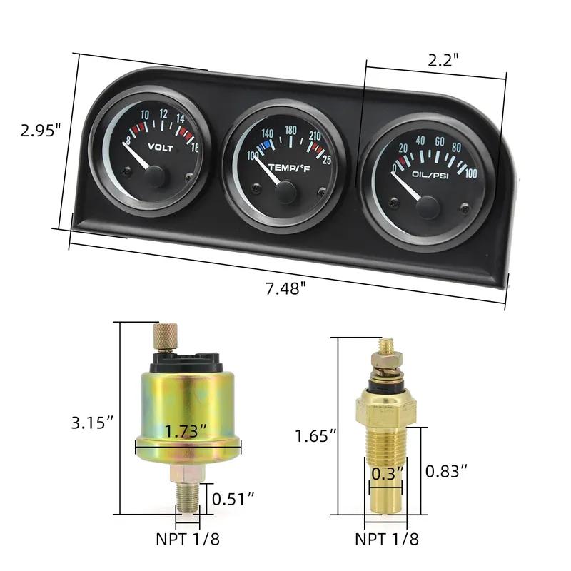 2'' 52mm 3 in 1 LED Back-lit Gauges Voltmeter Water  Oil Pressure Oil temperature Electrical Gauge 3 in 1 Kit Meter