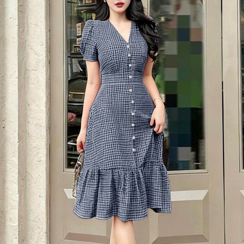 ZANZEA Women Casual V-Neck Short Sleeve Grid Print Dress