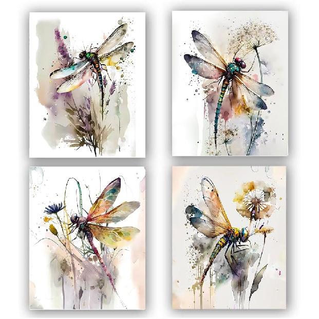 Framed Dragonfly Canvas Wall Art,Watercolor Dragonfly Decor Wall Print,Colorful ect Canvas Wall Art Prints,Dragonfly Floral Pictures Artwork Printing 8x10 inch Unframed Dragon