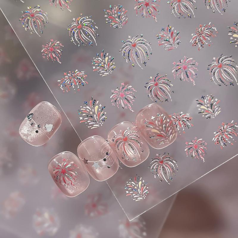 Fireworks Nail Stickers Rainbow Laser Silver Pink Blooming Firework New Year Celebration Nail Art Decals Decoration