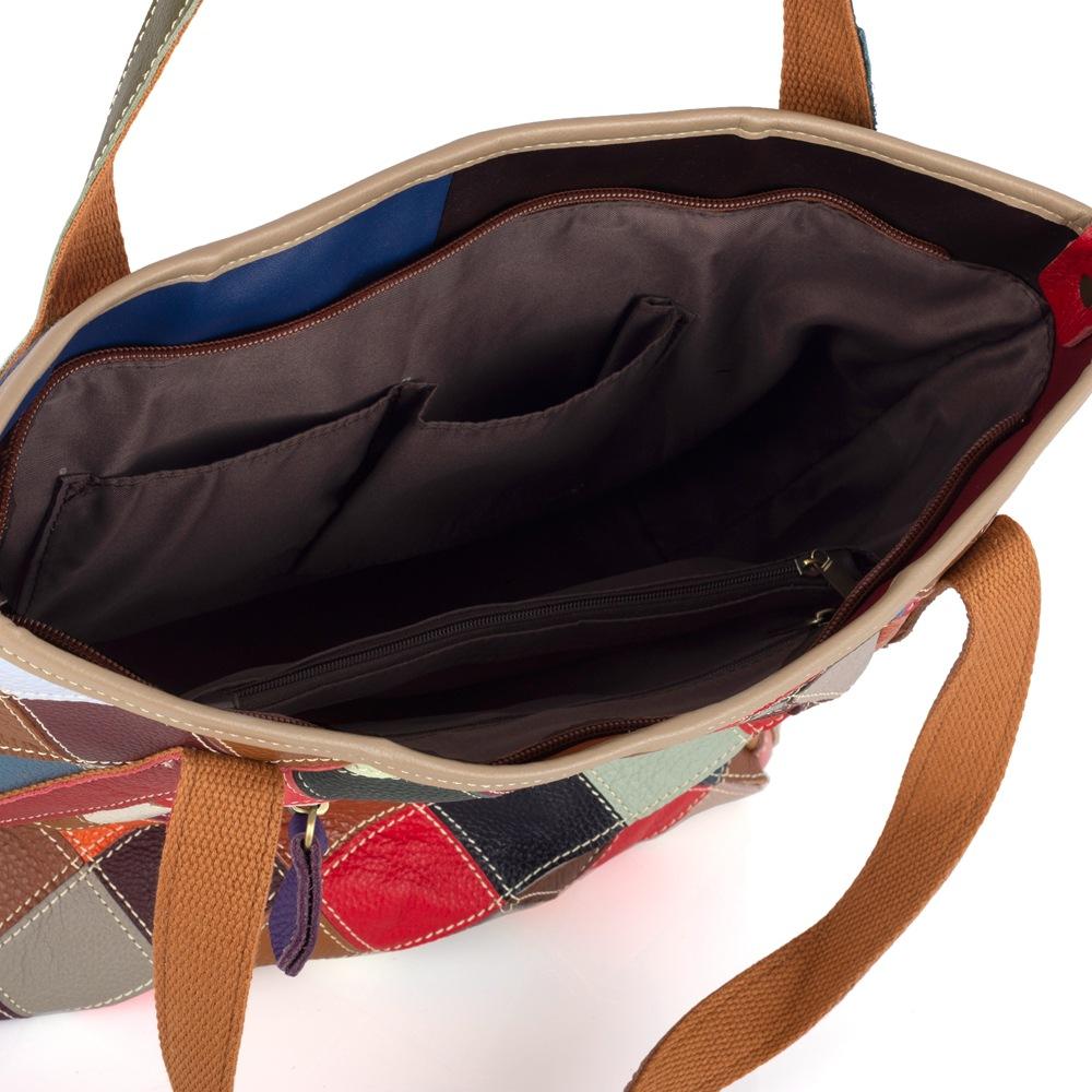 Leather Cowhide Bag Ethnic Style Color Splicing Contrasting Color Handmade Plaid Shoulder Messenger Bag Casual Women Bag