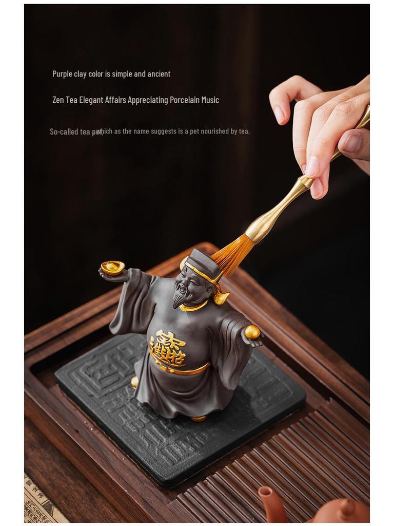 Zisha God of Wealth Tea Pet Figurine - Attracts Wealth & Treasure, Decorates Tea Table, and Grows with Tea; Includes Lid Holder Accessory