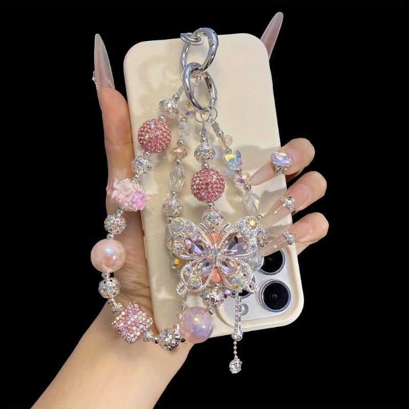 1PC Luxury Sparkling Acrylic Mobile Phone Chain with Cute Butterfly Charm, Colorful Beads and Crystals - Multifunctional Bag Hang or Keychain