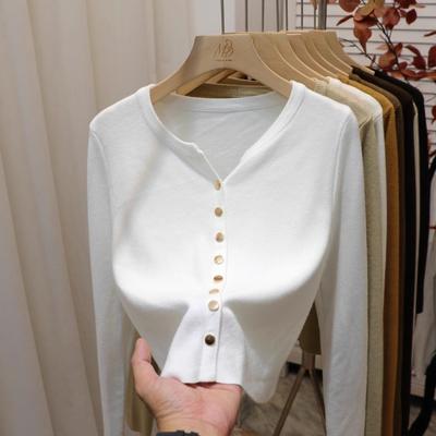 Gentle Style Solid Color Metal Buckle Simple Short Knitted Long-sleeved Cardigan V-neck Sweater Women's Autumn and Winter Top