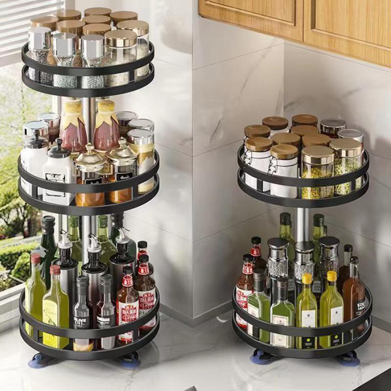 Rotating Kitchen Seasoning Rack: Multifunctional Storage for Oil, Salt, Sauce, and Vinegar in Corner Spaces.